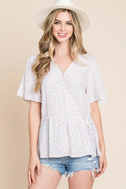 Ditsy Print V-Neck Short Sleeve Wrap Blouse - Tigbul's Variety Fashion Shop