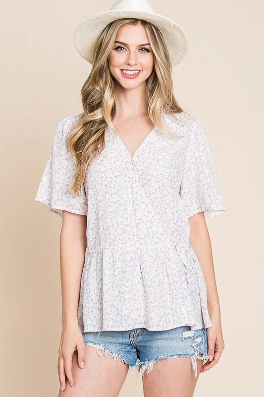 Ditsy Print V-Neck Short Sleeve Wrap Blouse - Tigbul's Variety Fashion Shop