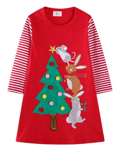 Girls Toddler Christmas Tree With Animals Long Sleeve Dress | Tigbuls