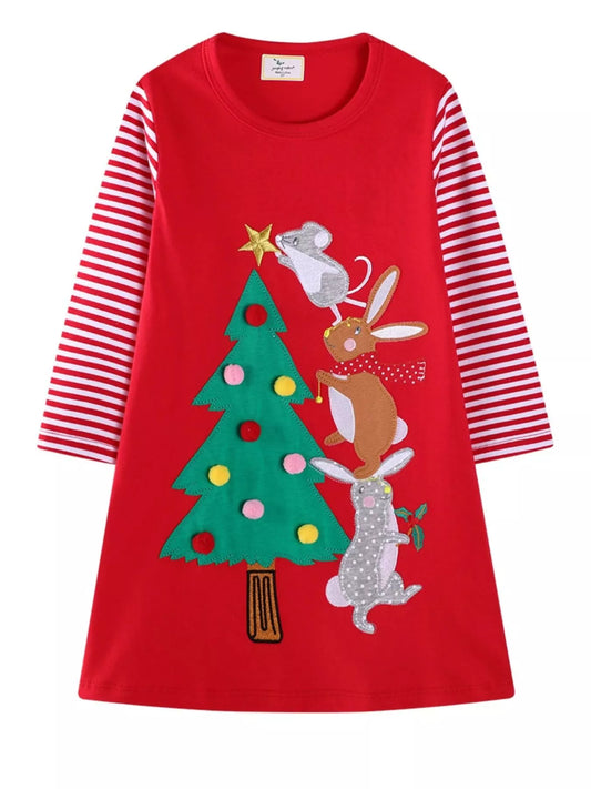 Girls Toddler Christmas Tree With Animals Long Sleeve Dress | Tigbuls