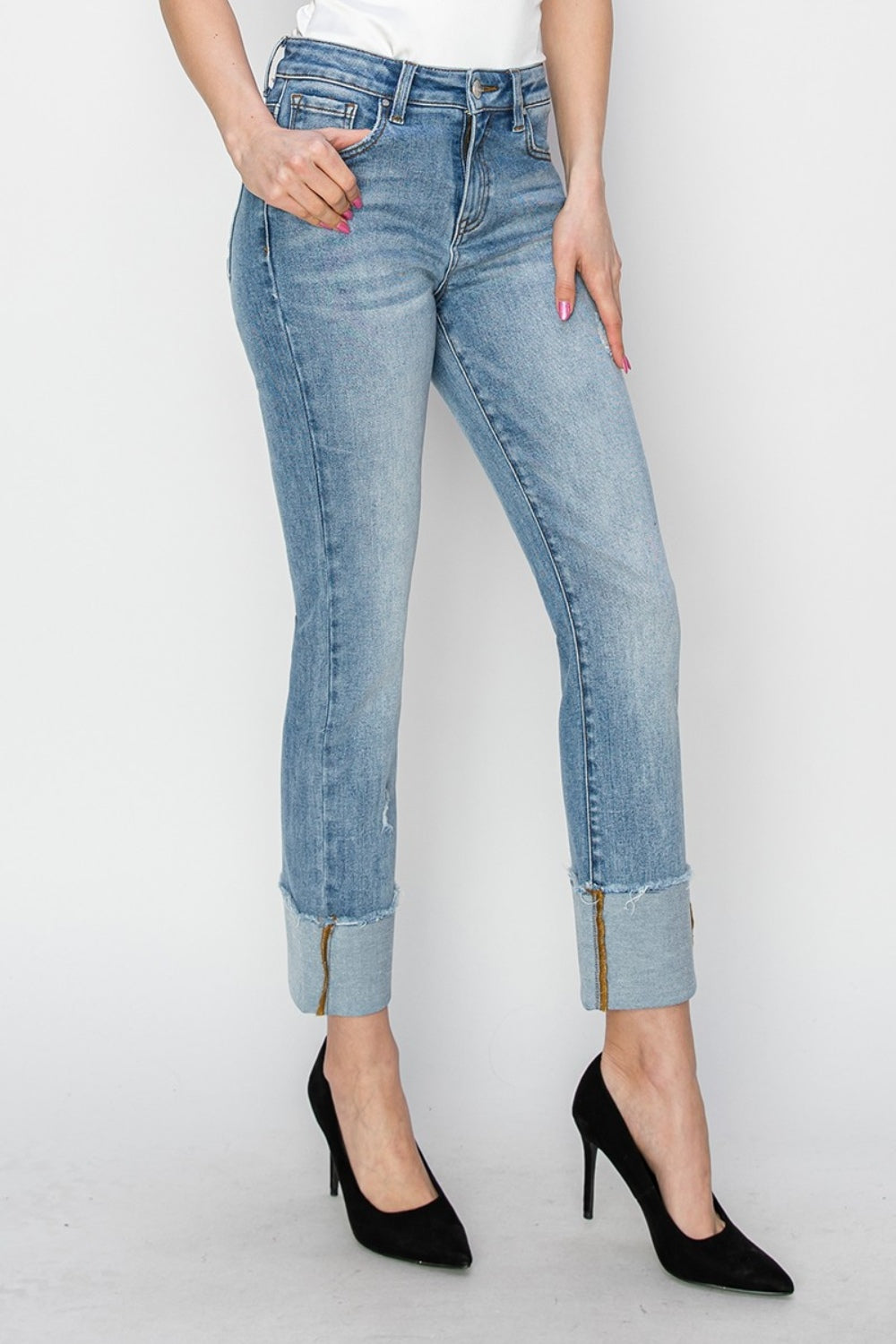 RISEN Full Size High Rise Cuffed Slim Straight Jeans - Tigbul's Variety Fashion Shop