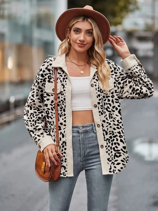 Leopard Print Button-Up Contrast Shacket - Tigbul's Variety Fashion Shop