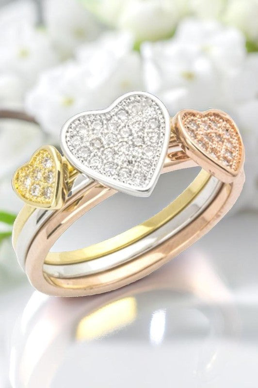 3 Tone CZ Heart Triple Ring - Tigbul's Variety Fashion Shop
