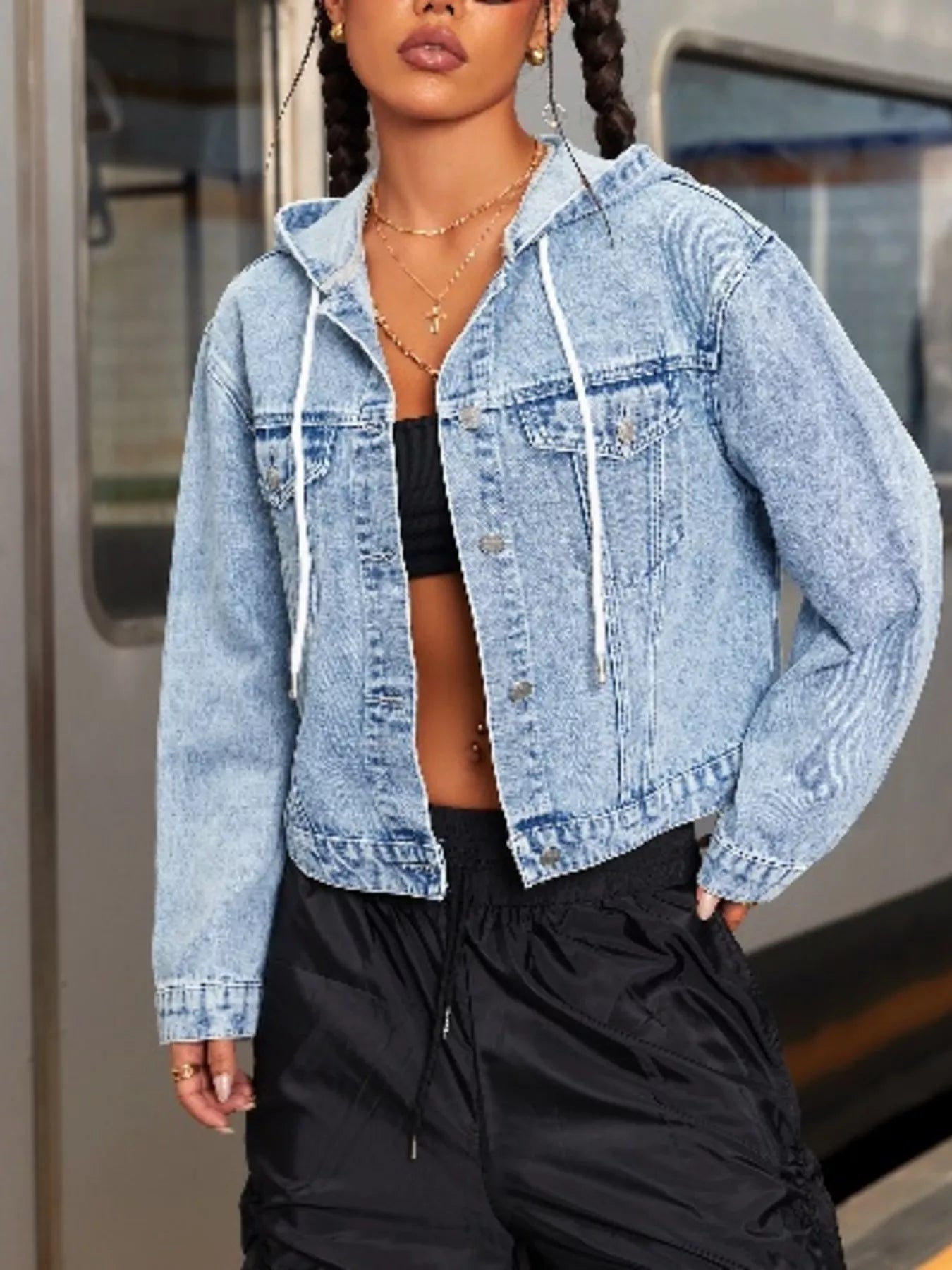 Hooded Drawstring Cropped Denim Jacket - Tigbul's Variety Fashion Shop