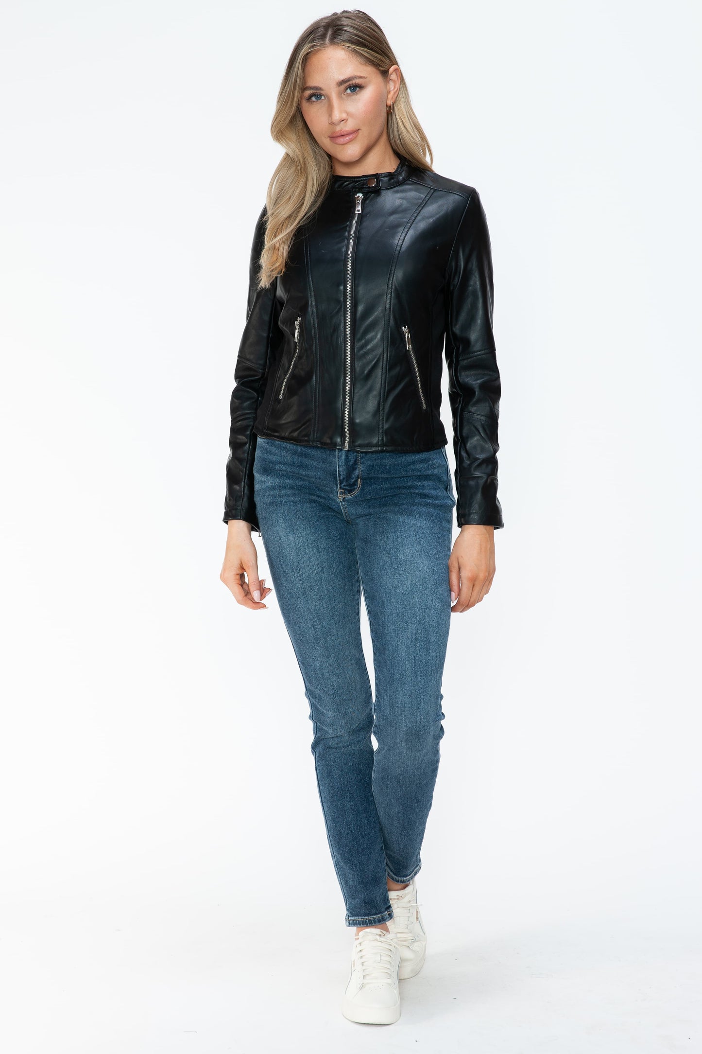 Black PU Leather Zip Up Jacket with Pockets