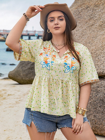 Plus Size Printed Tie Neck Half Sleeve Blouse - Tigbul's Variety Fashion Shop