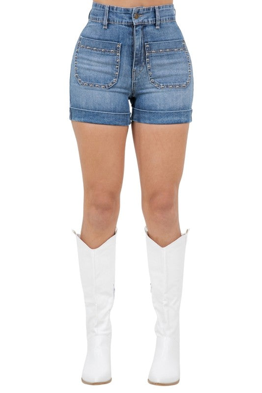 Willow Studded Denim Short in Medium Wash - Tigbul's Variety Fashion Shop