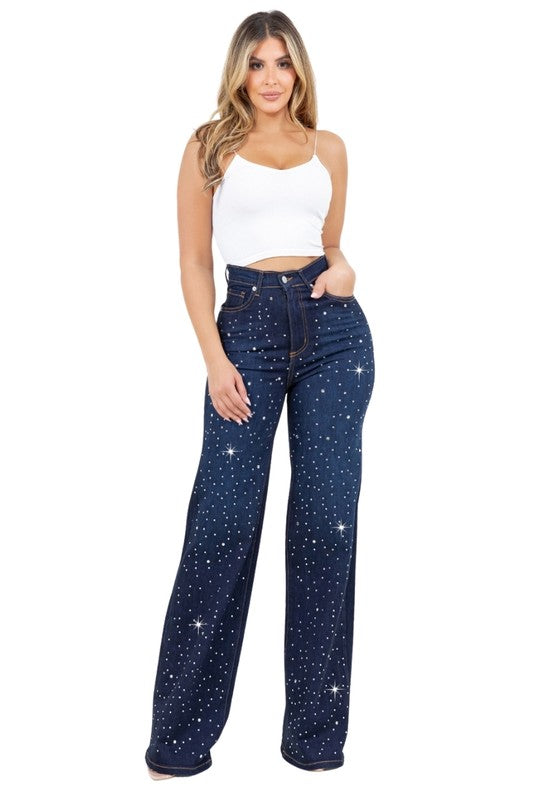 Olivia Rhinestone Wide Leg Jean - Tigbul's Variety Fashion Shop