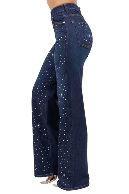 Olivia Rhinestone Wide Leg Jean - Tigbul's Variety Fashion Shop