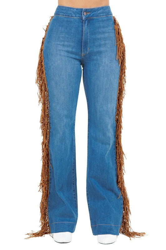 Harley Wide Leg Fringe in Medium Wash - Tigbul's Variety Fashion Shop