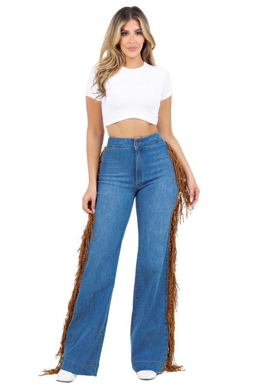 Harley Wide Leg Fringe in Medium Wash - Tigbul's Variety Fashion Shop