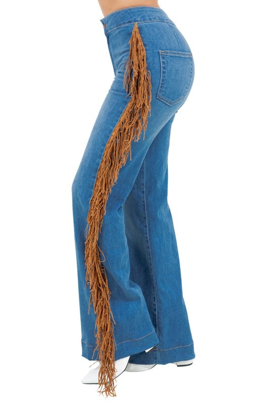 Harley Wide Leg Fringe in Medium Wash - Tigbul's Variety Fashion Shop