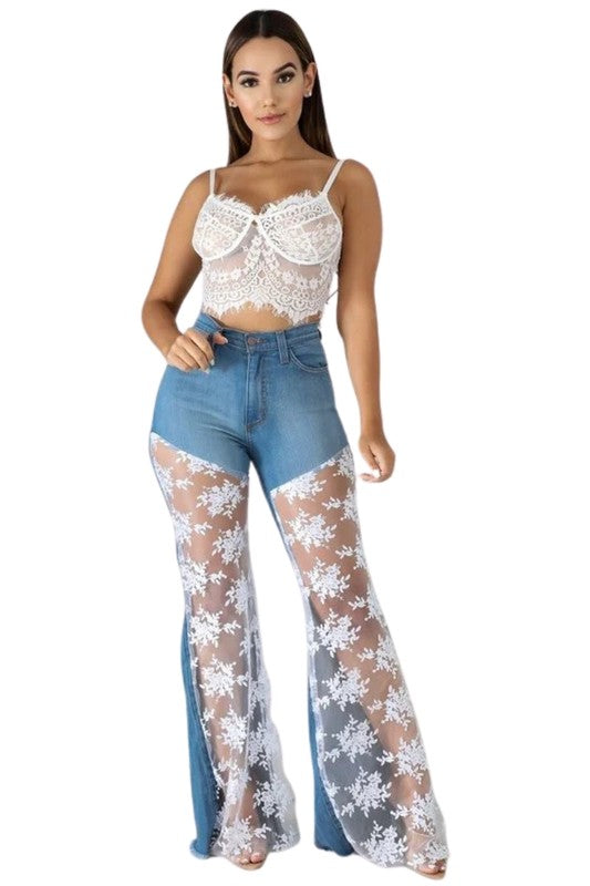 Lace Bell Bottom Jean in Medium Wash - Tigbul's Variety Fashion Shop