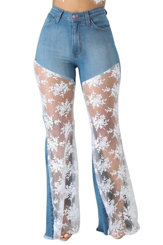 Lace Bell Bottom Jean in Medium Wash - Tigbul's Variety Fashion Shop