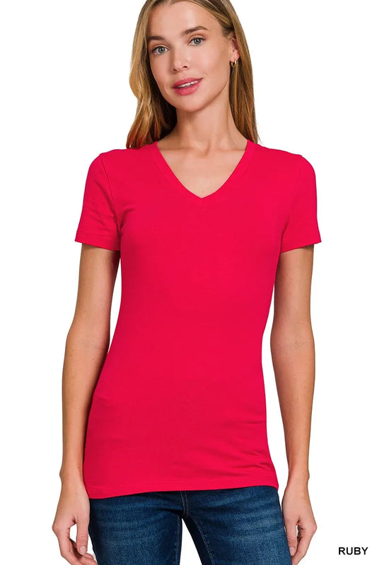 Zenana Basic Cotton V-Neck Short Sleeve T-Shirt - Tigbul's Variety Fashion Shop