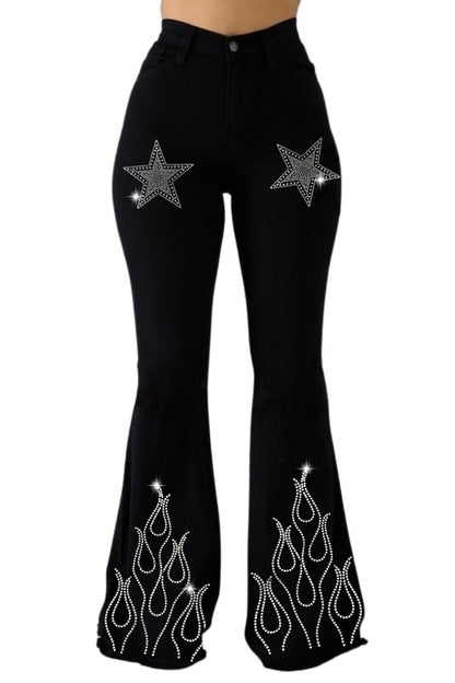 Bell Bottom Jean With Flame/Star Rhinestones - Tigbul's Variety Fashion Shop