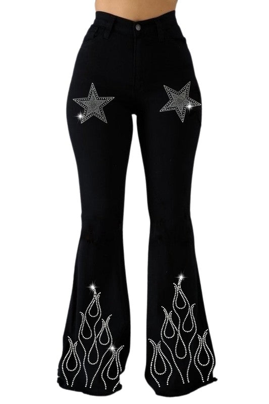 Bell Bottom Jean With Flame/Star Rhinestones - Tigbul's Variety Fashion Shop