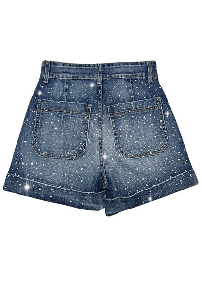 Willow Rhinestone Denim Short Medium Wash - Tigbul's Variety Fashion Shop