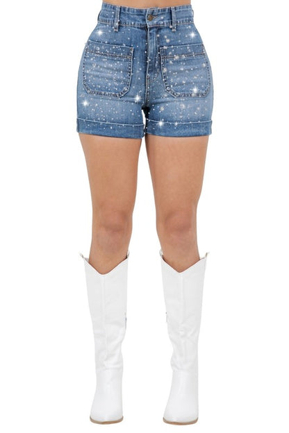 Willow Rhinestone Denim Short Medium Wash - Tigbul's Variety Fashion Shop