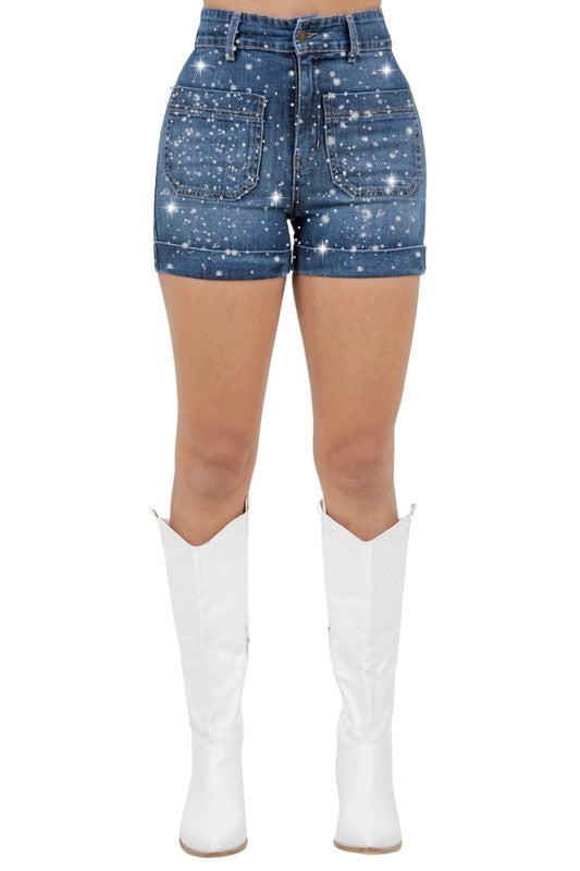 Willow Rhinestone Denim Short Dark Wash - Tigbul's Variety Fashion Shop