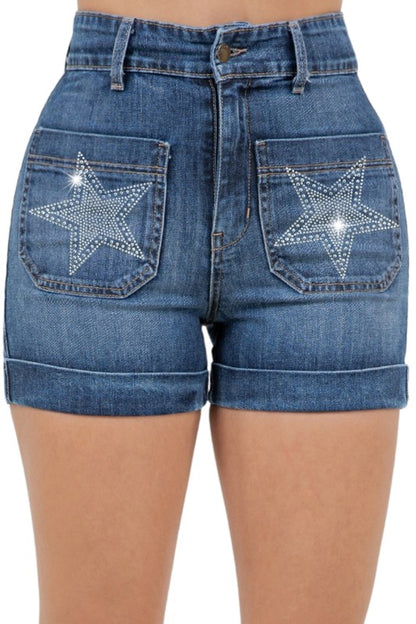 Star Studded High Waisted Denim Shorts Dark Wash - Tigbul's Variety Fashion Shop