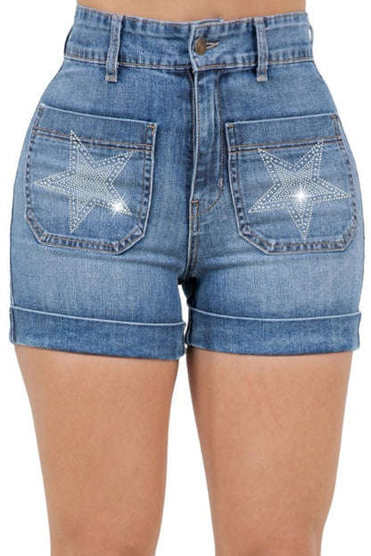 Star Studded High Waisted Denim Shorts Medium Wash - Tigbul's Variety Fashion Shop