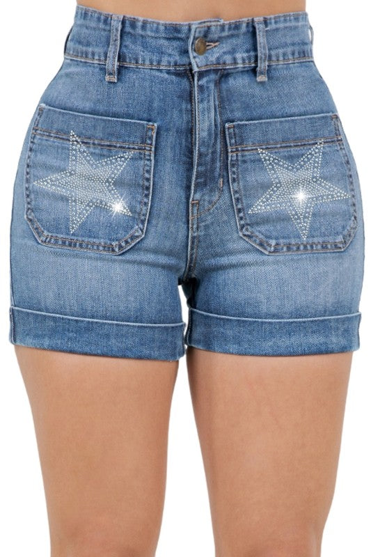 Star Studded High Waisted Denim Shorts Medium Wash - Tigbul's Variety Fashion Shop