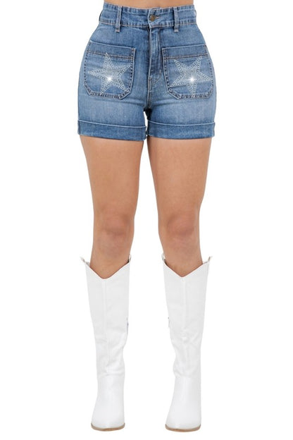 Star Studded High Waisted Denim Shorts Medium Wash - Tigbul's Variety Fashion Shop