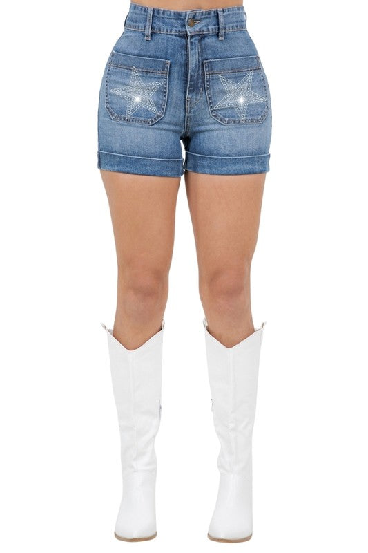 Star Studded High Waisted Denim Shorts Medium Wash - Tigbul's Variety Fashion Shop