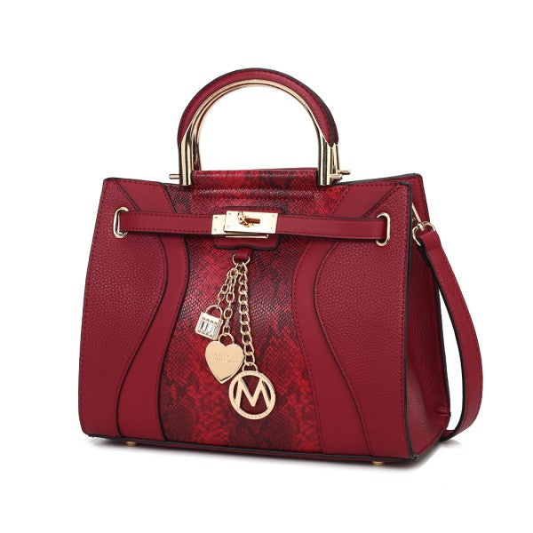 Cassia Vegan-Leder Satchel Bag in Red mit Schlangenmuster-Einsatz und Frontbügel-Verschluss
