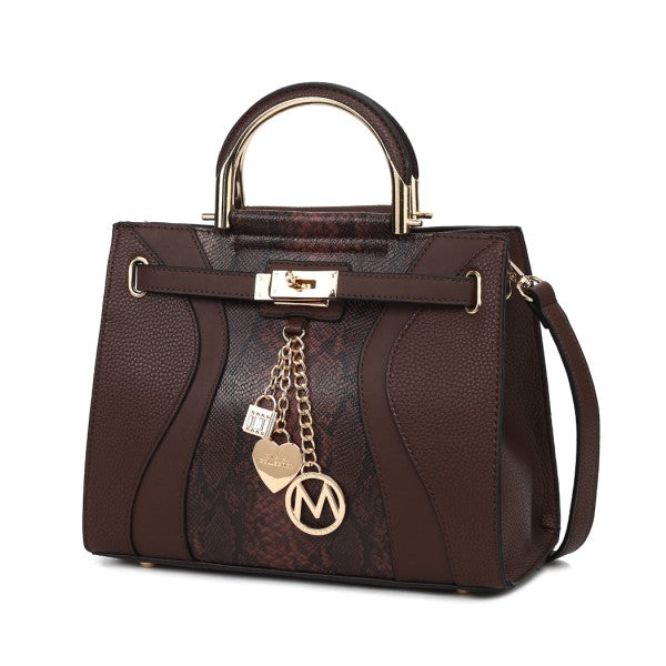 Cassia Vegan-Leder Satchel Bag in Coffee mit Schlangenmuster und Kettenanhängern