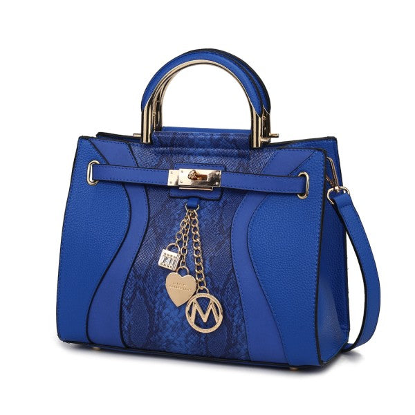 Cassia Vegan-Leder Satchel Bag in Royal Blue mit Schlangenmuster-Panel und Griffbügel