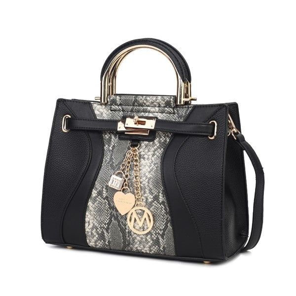 Cassia vegan Leather Satchel Bag in Charcoal mit Schlangenmuster-Einsatz und Frontschließe