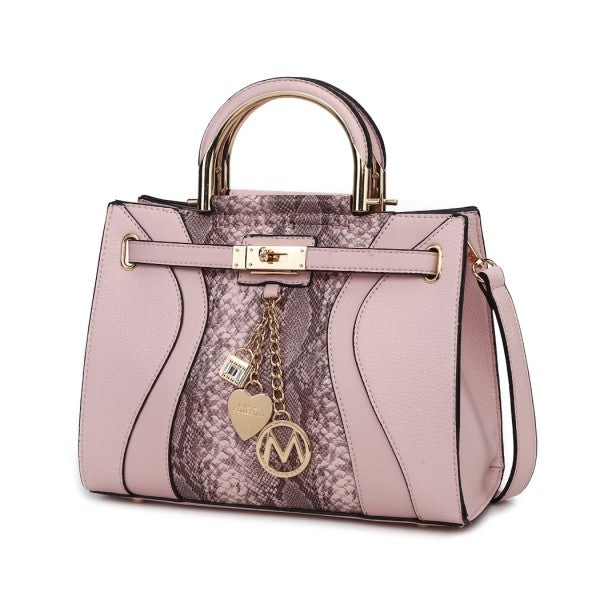 Cassia Vegan-Leder Satchel Bag in Pink mit Schlangenmusterfutter und abnehmbarem Schulterriemen