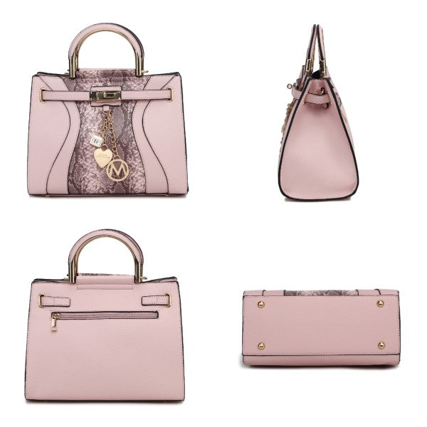 Light pink satchel bag with top handle and front flap; side and back views