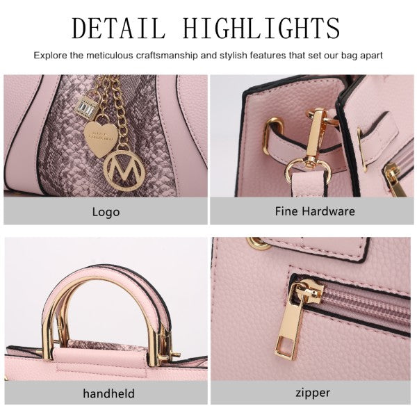 Satchel details: logo charm, gold-tone hardware, top handle, and front zipper