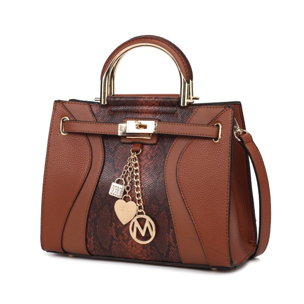 Cassia Vegan-Leder Satchel Bag in Cognac mit Schlangenmuster-Einsatz und Frontbügel