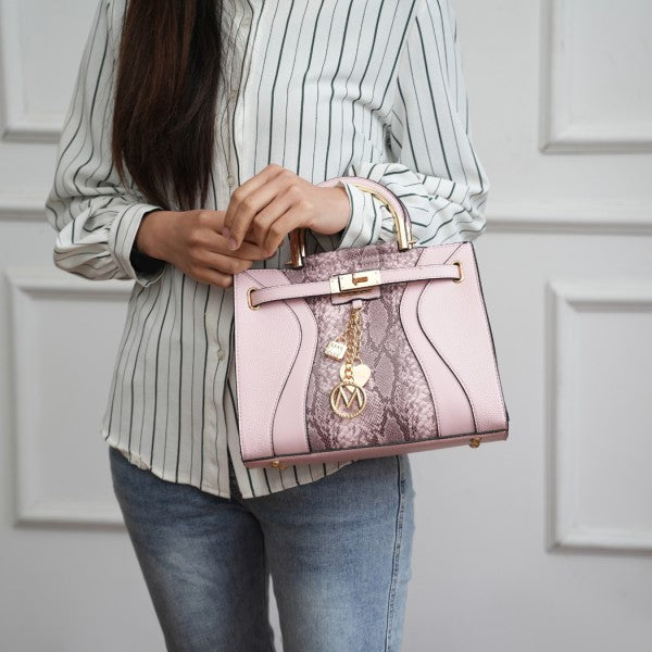 Light pink vegan leather satchel with top handle, front flap, and gold hardware