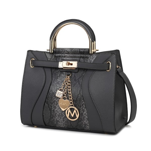 Cassia Vegan-Leder Satchel Bag in Charcoal mit Schlangenmusterfutter, Kette und Schulterriemen
