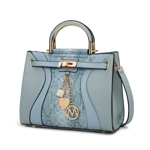 Cassia Vegan-Leder Satchel Bag in Light Grey mit Schlangenmuster-Panel und abnehmbarem Riemen