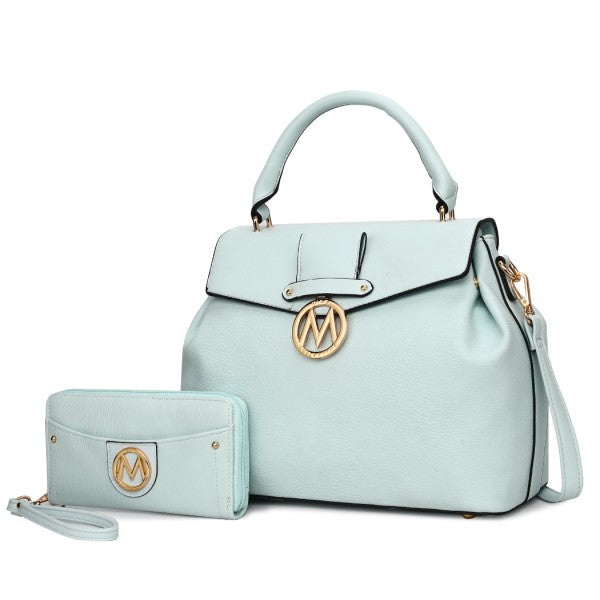 Aurora satchel con billetera vegana en baby blue, asa superior y cierre frontal.