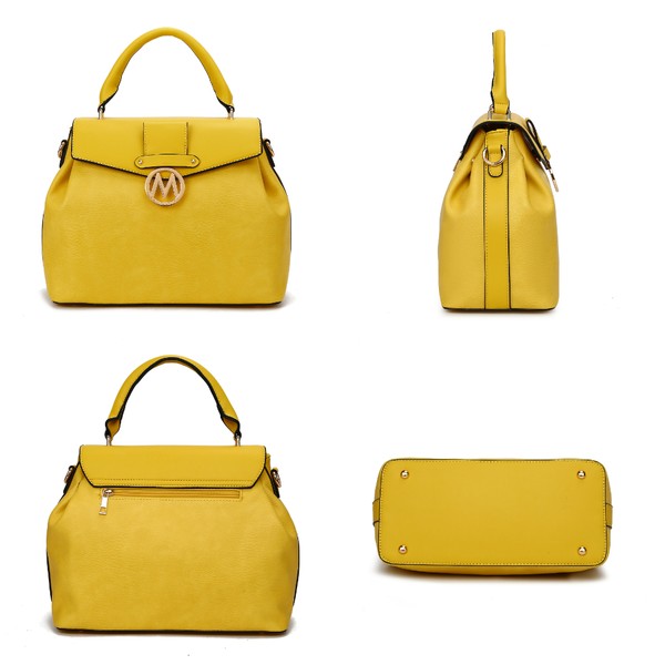 Yellow vegan leather satchel with matching wallet, multiple views; top handles and zip closure