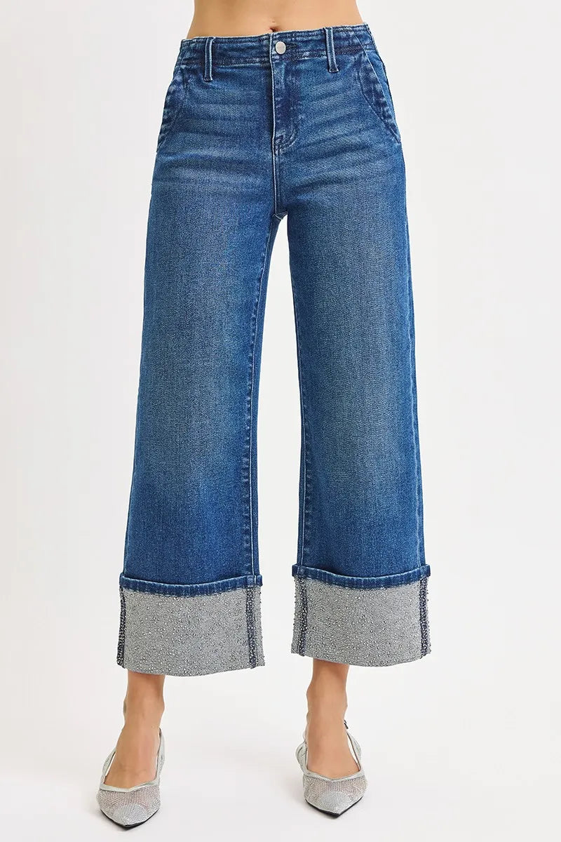 RISEN High Rise Ankle Wide Rhine Stone Cuffed Jeans - Tigbul's Variety Fashion Shop