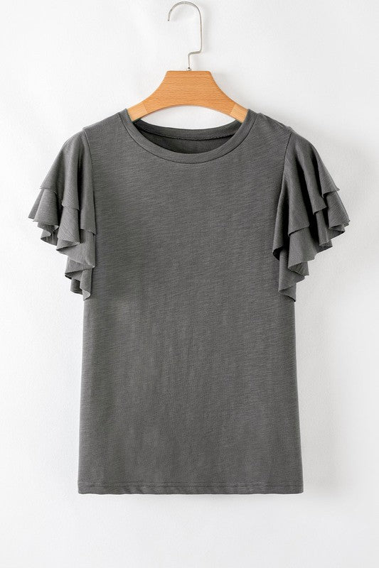 Dark Grey blouse with ruffle sleeves, crew neck, plain front on hanger