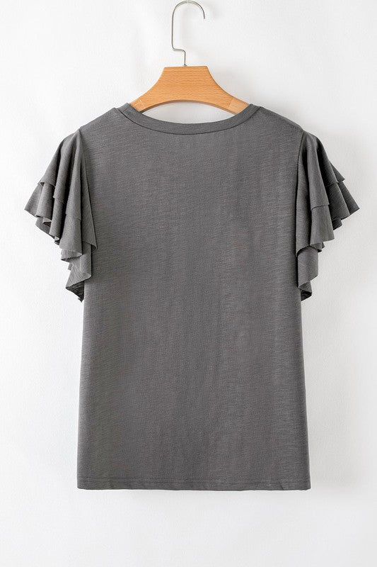 Dark Grey blouse back view, layered ruffle sleeves and round neck on hanger
