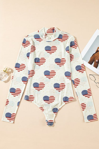 White Americana Glitter Mesh Long Sleeve Bodysuit - Tigbul's Variety Fashion Shop