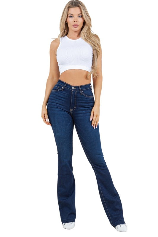 Dark wash bootcut jeans with mid-rise waist, zip fly, and frayed bootcut hem