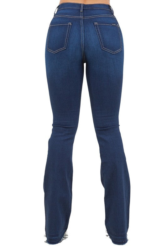 Dark wash bootcut jeans, back close-up with double rear pockets and belt loops