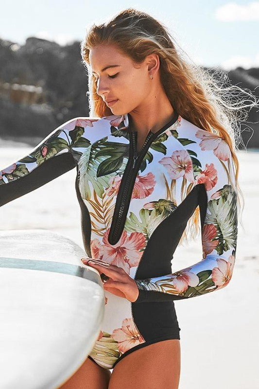 Palm Leaf Print Long Sleeve Zip UPF50 Rash Guard - Tigbul's Variety Fashion Shop