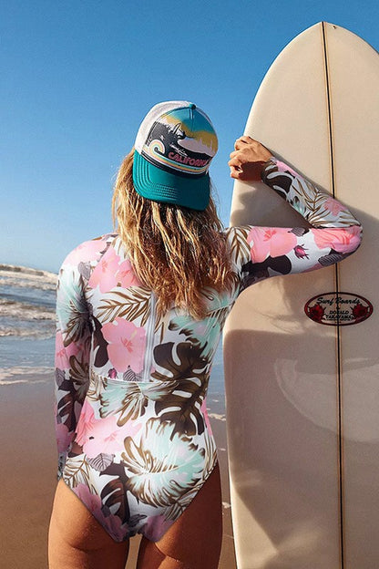 Pink Floral Cut Out Long Sleeve UPF 50 Rash Guard - Tigbul's Variety Fashion Shop